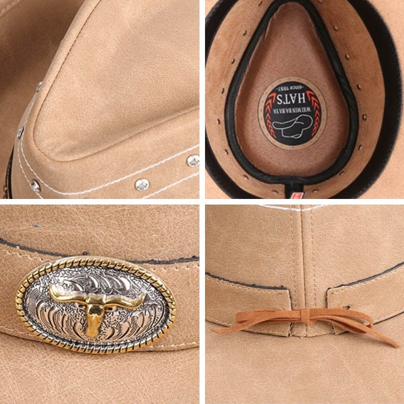 High Quality Classics 2022 Crystal Retro Leather Cappello Cowboy Hat Men Women Sunhat Homme Chapeau Cowboy Western Vintage Cap