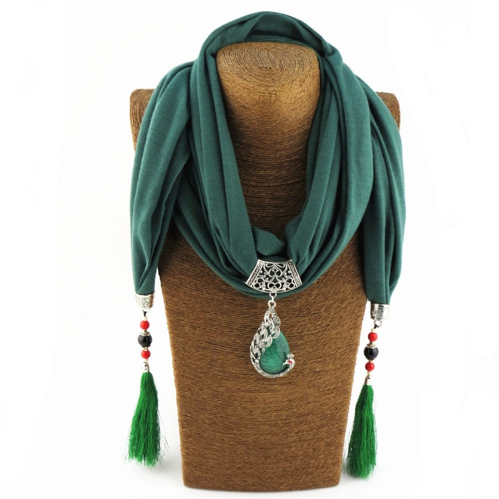 women Scarf Pendant Necklace Nature Stone pendant necklace Fringe tassel Scarf Jewelry With beads Ethnic Jewelry