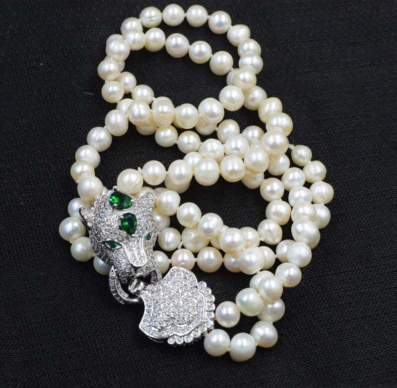 set 2rows freshwater pearl white near round 8-9mm 17-19inch necklace bracelet FPPJ  green zircon clasp