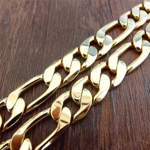 Real Yellow Gold Filled 23.6 Inch Mens Necklace Figaro Solid Chain 12mm Wide