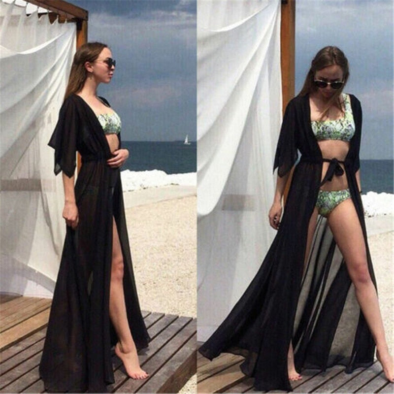 Summer Lady Beach Cover Up Sexy Bikini 2022 Chiffon Long Dress For Women Solid Beach Dress Women Bathing Suit Beach Tunic Kaftan