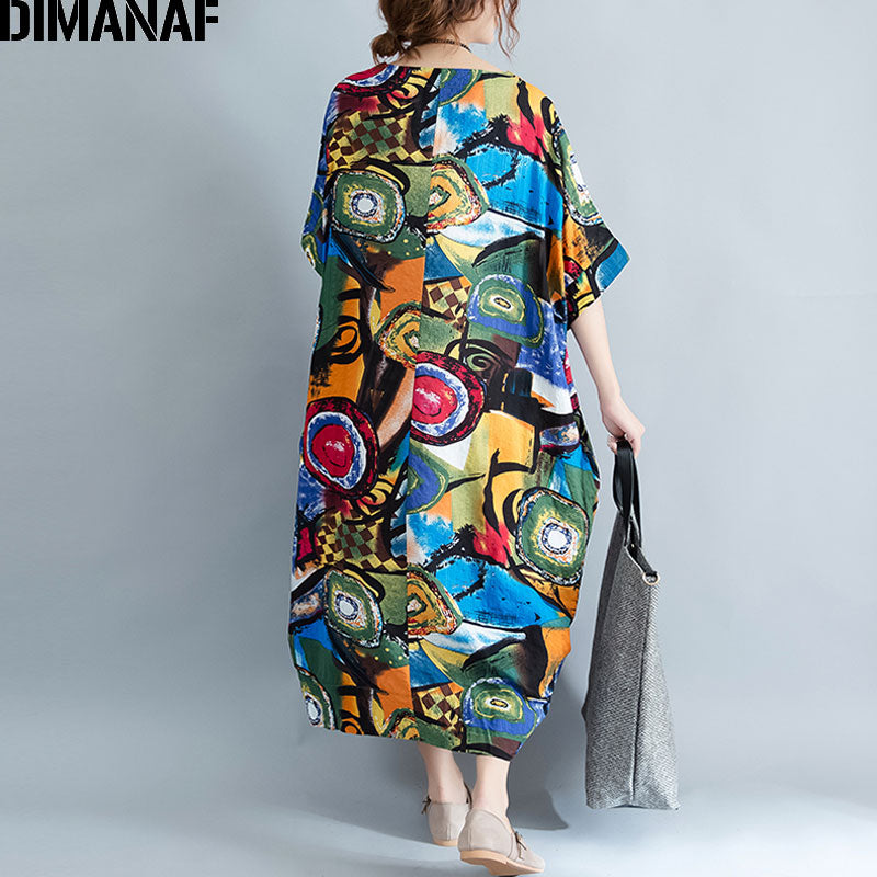 DIMANAF Women Dress Oversize Summer Pattern Print Linen Colorful Female Loose Batwing Casual Retro Vintage Large Size Dresses