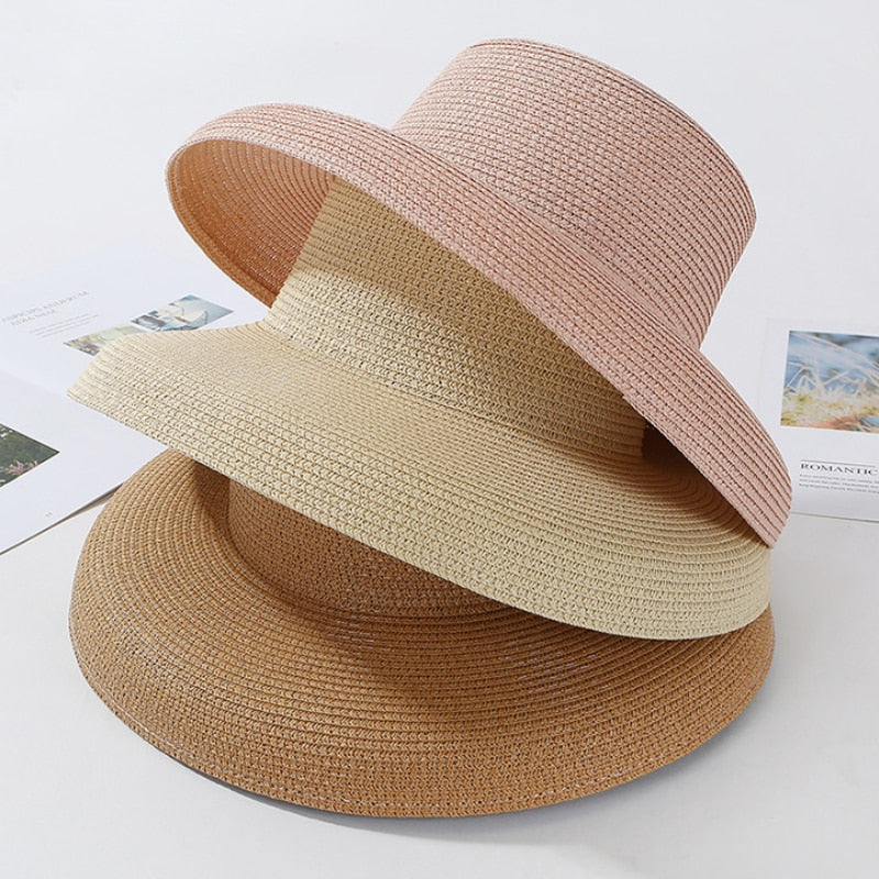 HT2303 2023 New Summer Sun Hats Ladies Solid Plain Elegant Wide Brim Hat Female Round Top Panama Floppy Straw Beach Hat Women