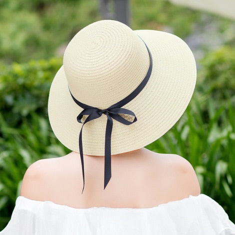 HT1679 New Fashion Straw Hat Female Wide Brim Sun Hat Ladies Solid Black Ribbon Bow Floppy Beach Hat Women Packable Summer Hat