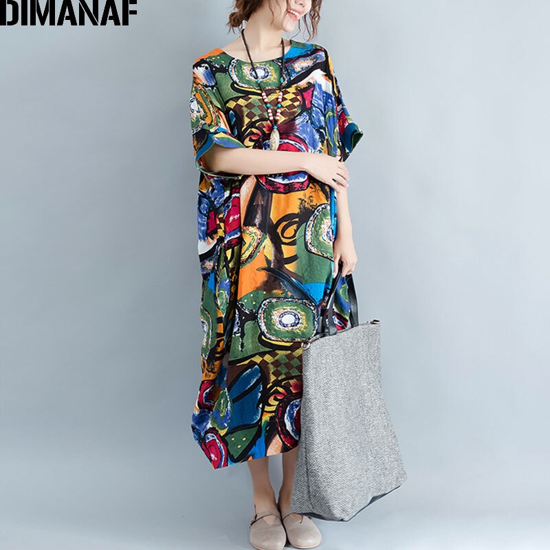 DIMANAF Women Dress Oversize Summer Pattern Print Linen Colorful Female Loose Batwing Casual Retro Vintage Large Size Dresses