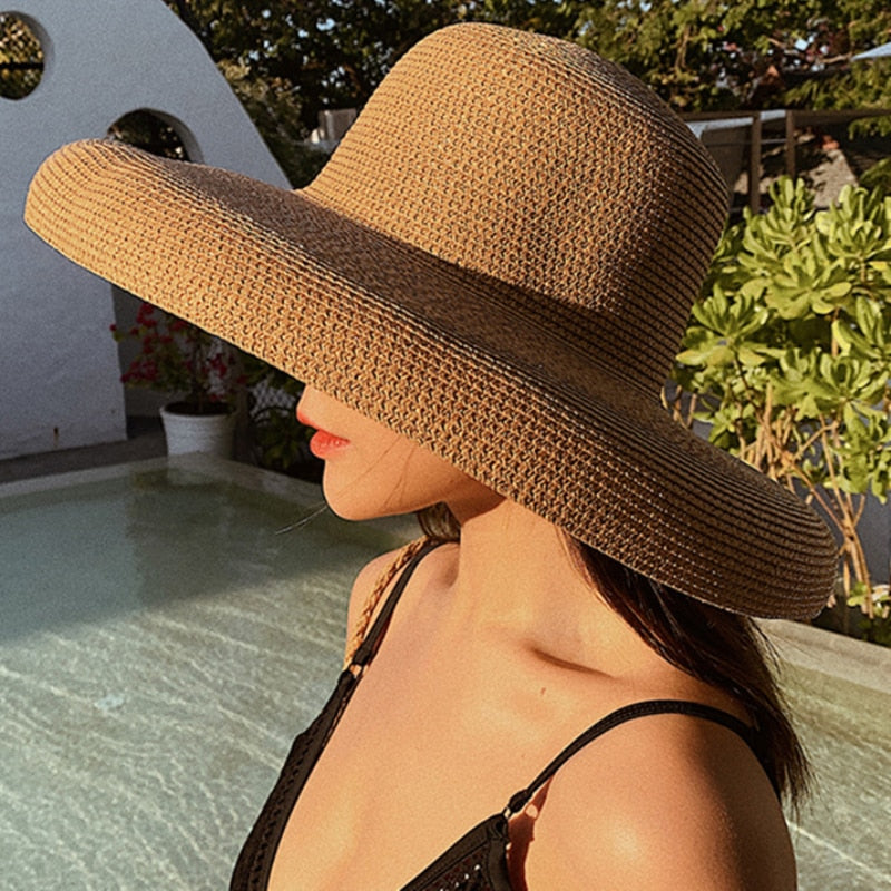 HT2303 2023 New Summer Sun Hats Ladies Solid Plain Elegant Wide Brim Hat Female Round Top Panama Floppy Straw Beach Hat Women