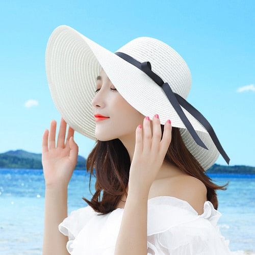 HT1679 New Fashion Straw Hat Female Wide Brim Sun Hat Ladies Solid Black Ribbon Bow Floppy Beach Hat Women Packable Summer Hat