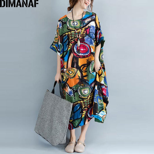 DIMANAF Women Dress Oversize Summer Pattern Print Linen Colorful Female Loose Batwing Casual Retro Vintage Large Size Dresses