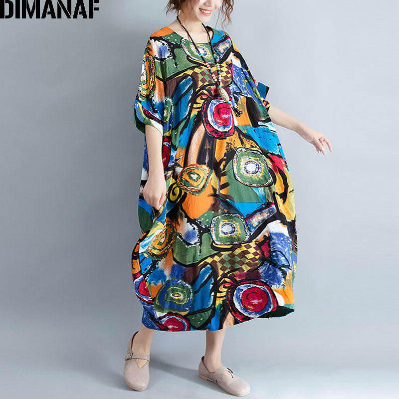 DIMANAF Women Dress Oversize Summer Pattern Print Linen Colorful Female Loose Batwing Casual Retro Vintage Large Size Dresses