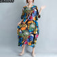 DIMANAF Women Dress Oversize Summer Pattern Print Linen Colorful Female Loose Batwing Casual Retro Vintage Large Size Dresses