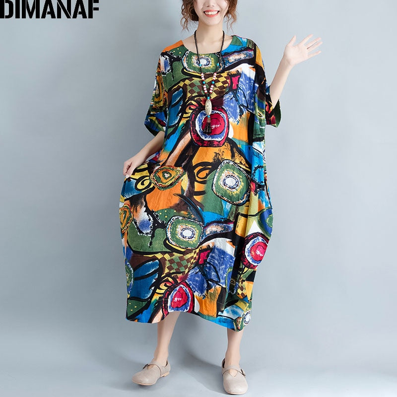DIMANAF Women Dress Oversize Summer Pattern Print Linen Colorful Female Loose Batwing Casual Retro Vintage Large Size Dresses