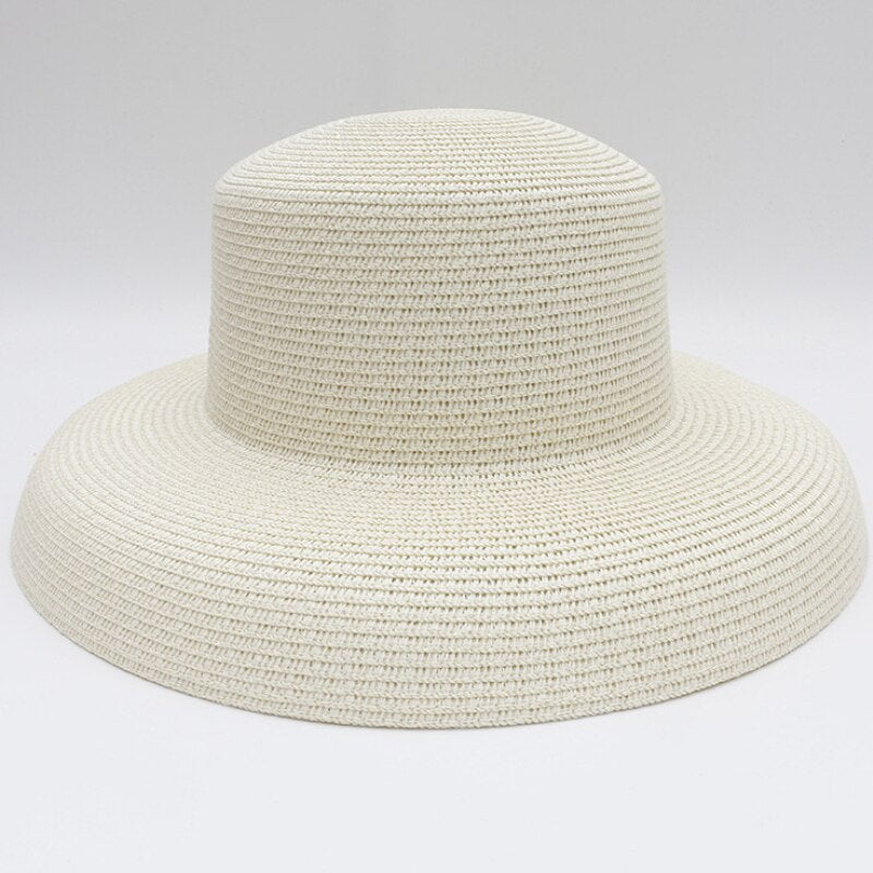 HT2303 2023 New Summer Sun Hats Ladies Solid Plain Elegant Wide Brim Hat Female Round Top Panama Floppy Straw Beach Hat Women