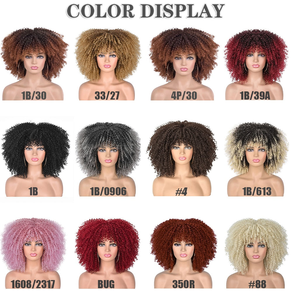 Short Afro Kinky Curly Wigs With Bangs For Black Women Blonde Mixed Brown Synthetic Cosplay African Wigs Heat Resistant Lizzy