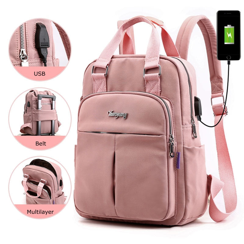 Top-Handle USB Charging Women Backpack Large Capacity Casual Travel Rucksack Preppy Student School Bag 14 inch Laptop Backpack