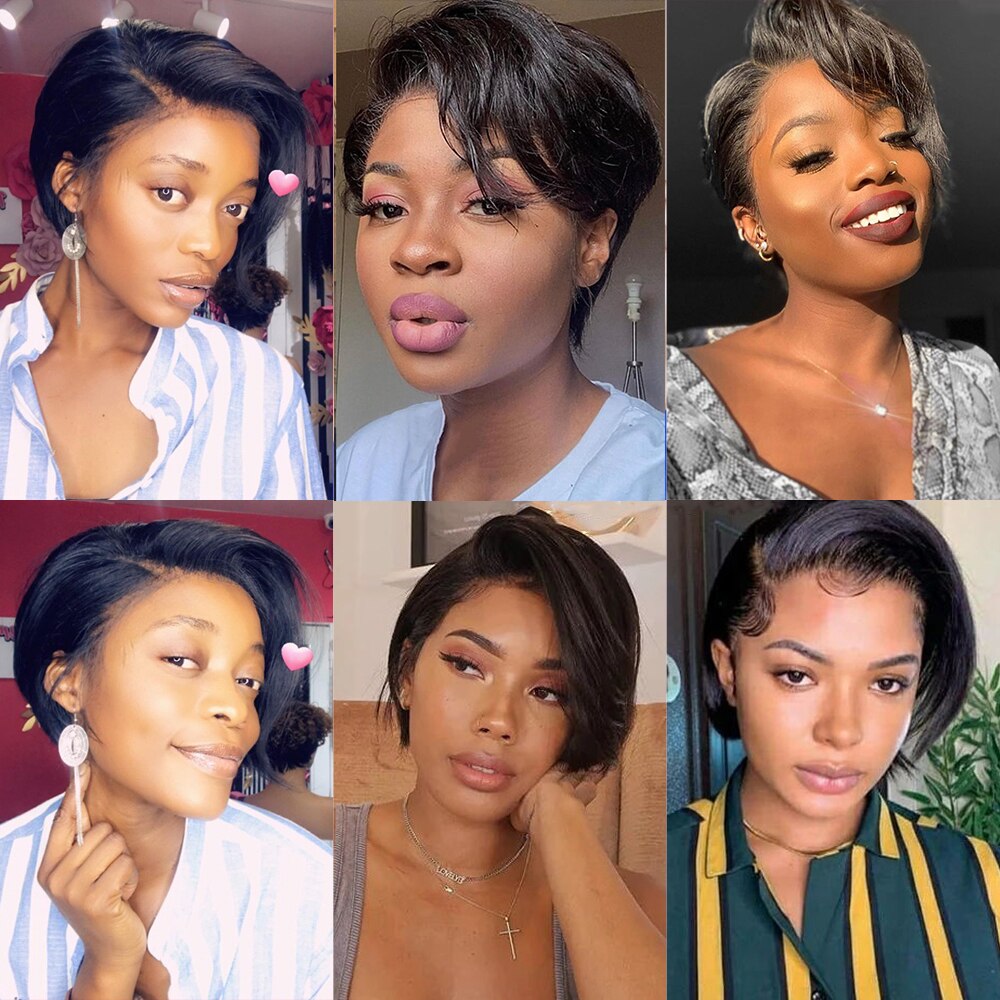 Short Bob Human Hair Wigs For Black Women Brazilian Bone Straight Pixie Cut Wig Cheap T Part Transparent Lace Wigs Pre Plucked