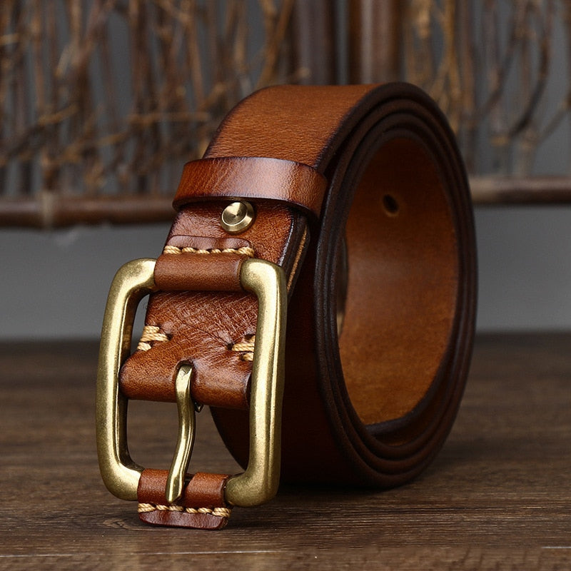 Vintage Leather Belts Brass Buckles Men Belt Ceinture Homme Retro Mens Cowskin Belts Pin Buckle