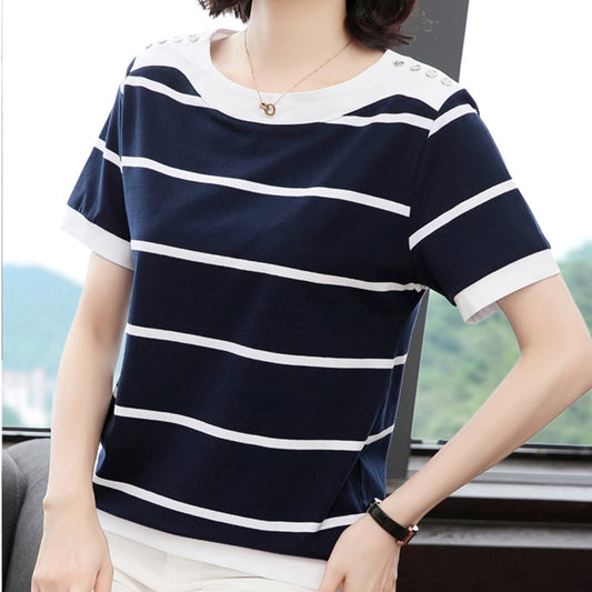 Button Stripe T Shirt Women 2022 Summer Woman Fashion Tops Short Sleeve T-Shirt Cotton Tshirt Casual Clothing Tee Shirt Femme