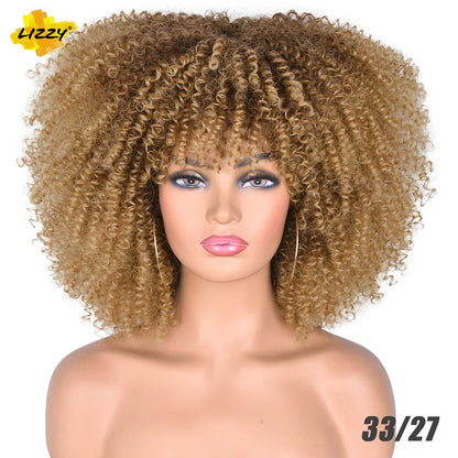 Short Afro Kinky Curly Wigs With Bangs For Black Women Blonde Mixed Brown Synthetic Cosplay African Wigs Heat Resistant Lizzy