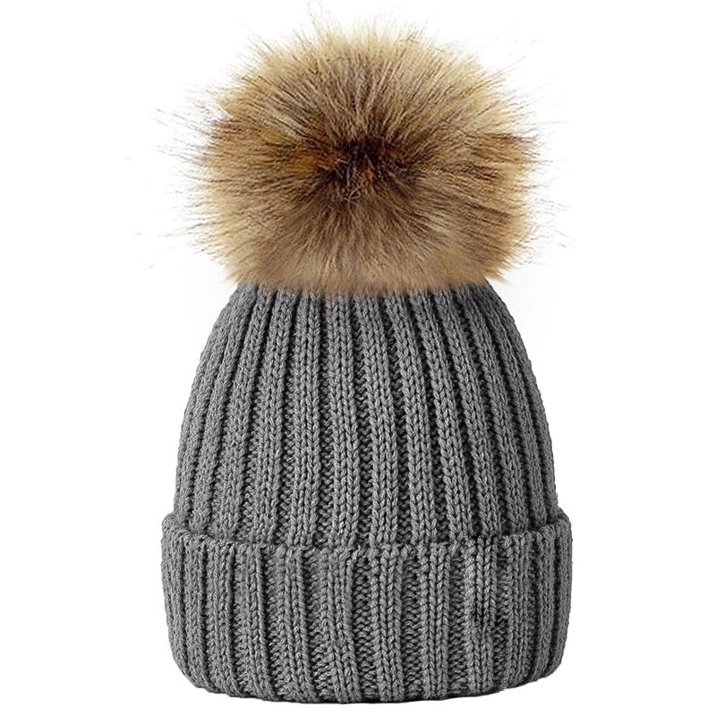 Lovely Child Women Beanies Hats Warm Winter Pompom Fur Knitted Beanie Caps Women Baby Girls Boy Fur Pom Pom Hat Ski Snow Cap