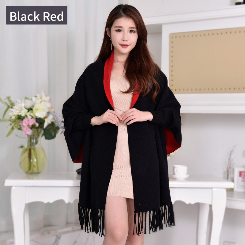 Women Winter Poncho with Sleeve Shawls and Wraps Pashmina Red Thicken Scarf Stoles Femme Hiver Warm Reversible Ponchos and Capes