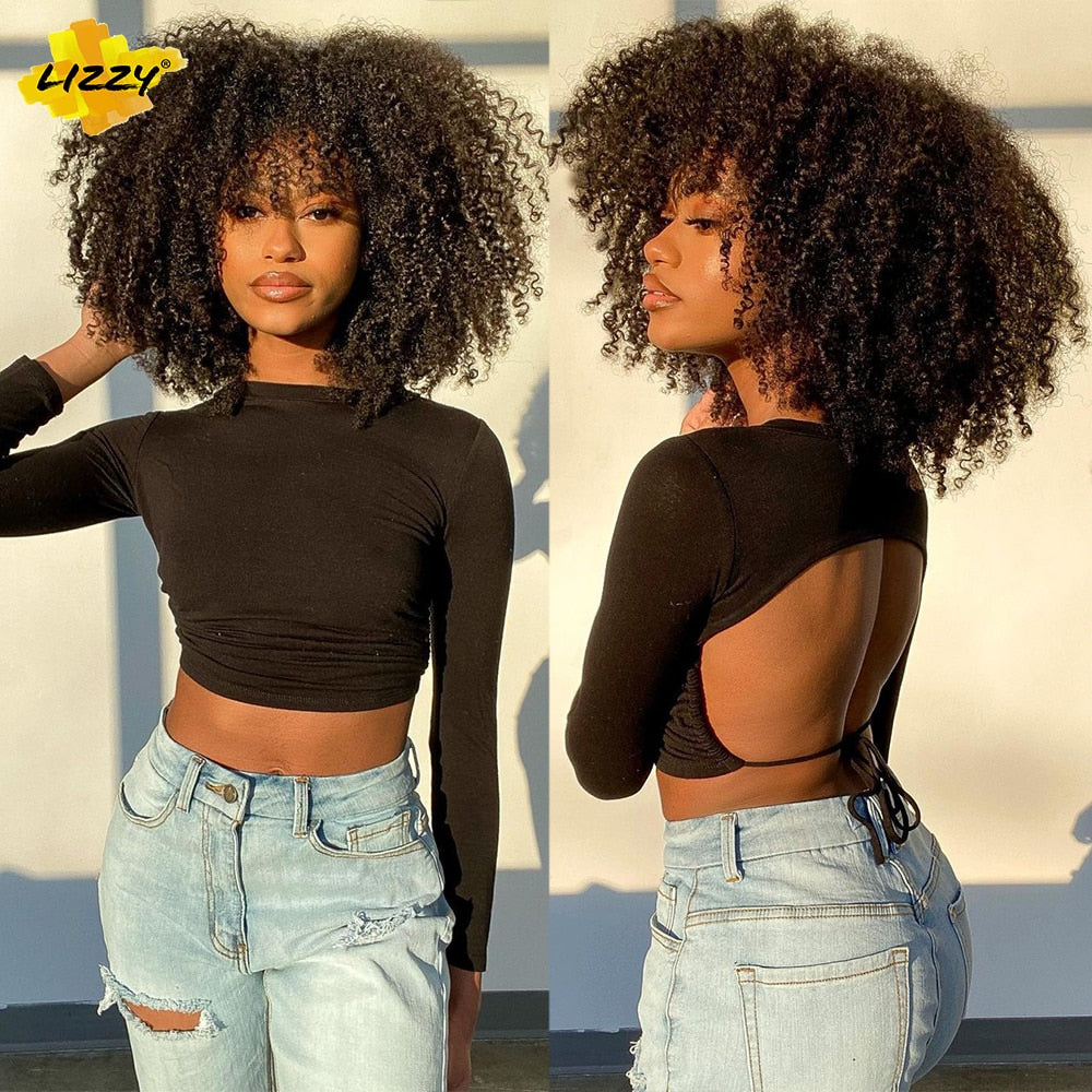 Short Afro Kinky Curly Wigs With Bangs For Black Women Blonde Mixed Brown Synthetic Cosplay African Wigs Heat Resistant Lizzy