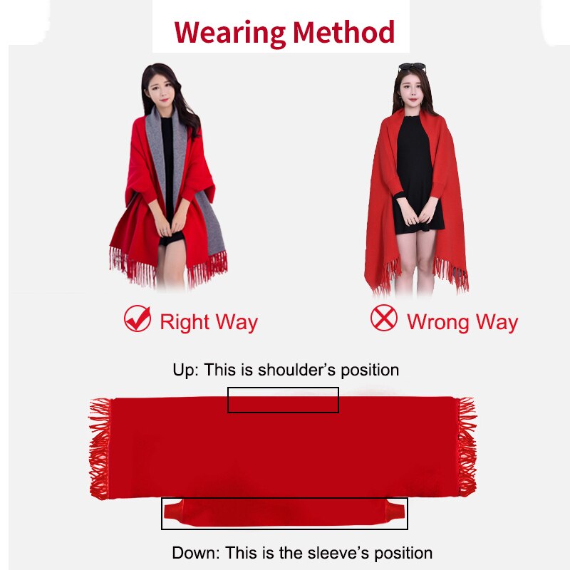 Women Winter Poncho with Sleeve Shawls and Wraps Pashmina Red Thicken Scarf Stoles Femme Hiver Warm Reversible Ponchos and Capes