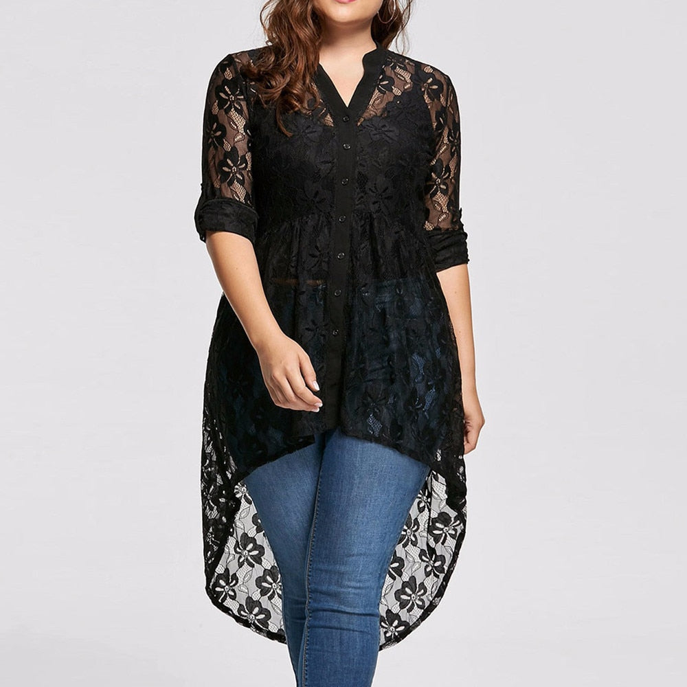 Elegant Lace Tops Women Ladies Plus Size Blouse Long Sleeve Lace Shirt Perspective Button Up Female Large Tops Womens Clothing