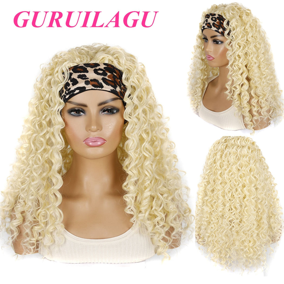 GURUILAGU Deep Wave Headband Wig Heat Resistant Fiber Synthetic Wig Black/613/4/27/99J Blonde Wig Synthetic Hair Wigs For Women