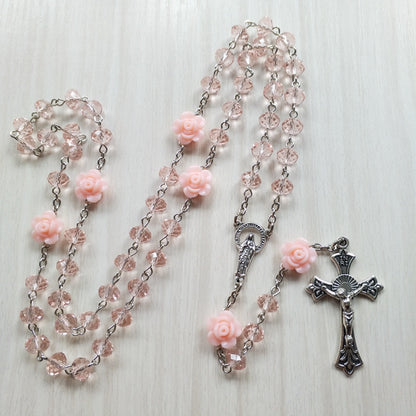 QIGO Pink Rose Crystal Rosary Necklace Catholic Vintage Cross Pendant Long Necklace Religious Jewelry