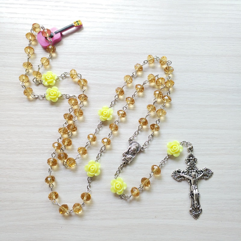 QIGO Pink Rose Crystal Rosary Necklace Catholic Vintage Cross Pendant Long Necklace Religious Jewelry