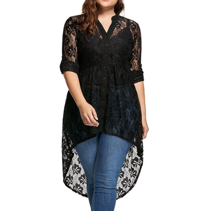 Elegant Lace Tops Women Ladies Plus Size Blouse Long Sleeve Lace Shirt Perspective Button Up Female Large Tops Womens Clothing