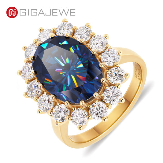 GIGAJEWE 10.0ct Moissanite Dark Blue Diana Same Style Oval 18K Yellow Gold Ring Jewelry Anniversary Wedding Engageme Woman Gift