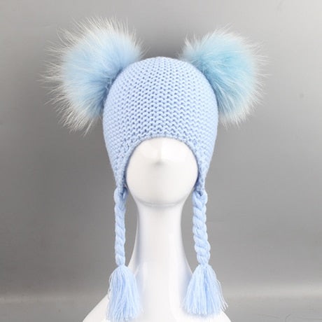 New Autumn Winter Baby Kids Beanie 15 CM Real Fur Pompom Hat For Children Warm Wool Knitted Earflap Cap