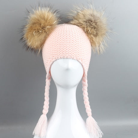 New Autumn Winter Baby Kids Beanie 15 CM Real Fur Pompom Hat For Children Warm Wool Knitted Earflap Cap