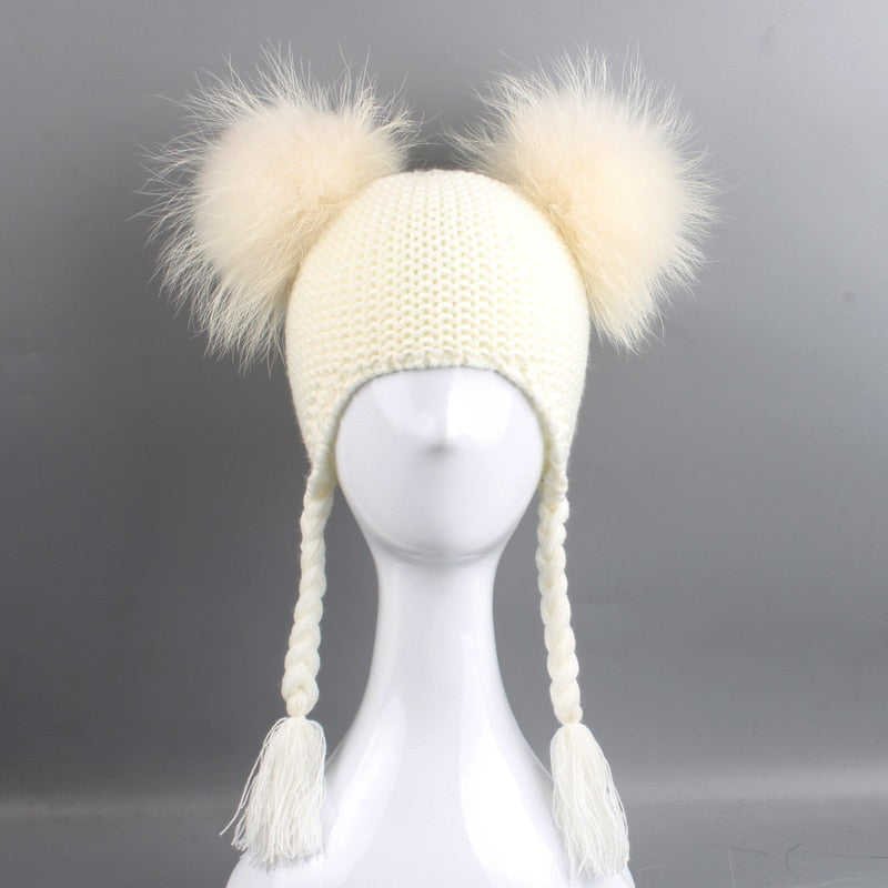 New Autumn Winter Baby Kids Beanie 15 CM Real Fur Pompom Hat For Children Warm Wool Knitted Earflap Cap