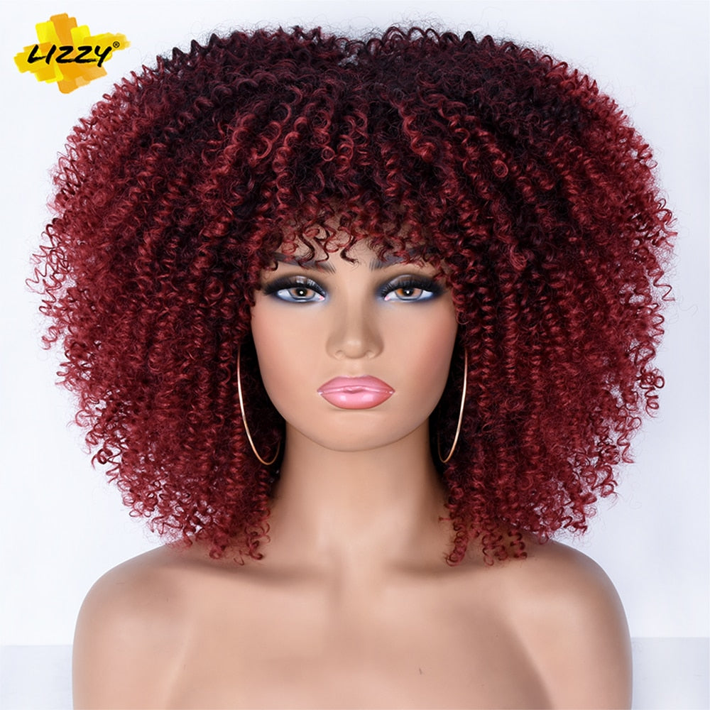 Short Afro Kinky Curly Wigs With Bangs For Black Women Blonde Mixed Brown Synthetic Cosplay African Wigs Heat Resistant Lizzy