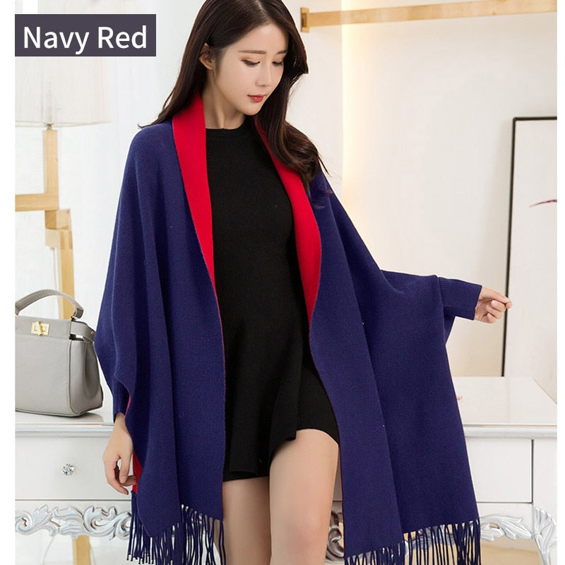 Women Winter Poncho with Sleeve Shawls and Wraps Pashmina Red Thicken Scarf Stoles Femme Hiver Warm Reversible Ponchos and Capes