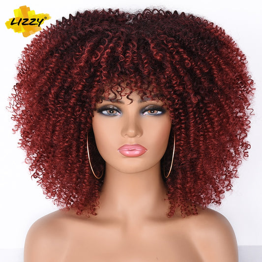 Short Afro Kinky Curly Wigs With Bangs For Black Women Blonde Mixed Brown Synthetic Cosplay African Wigs Heat Resistant Lizzy