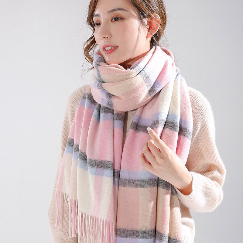 Winter 100% Wool Scarf for Women Neck Warmer Cashmere Shawls and Wraps Echarpe Pashmina Ladies Plaid Wool Scarves Foulard Femme