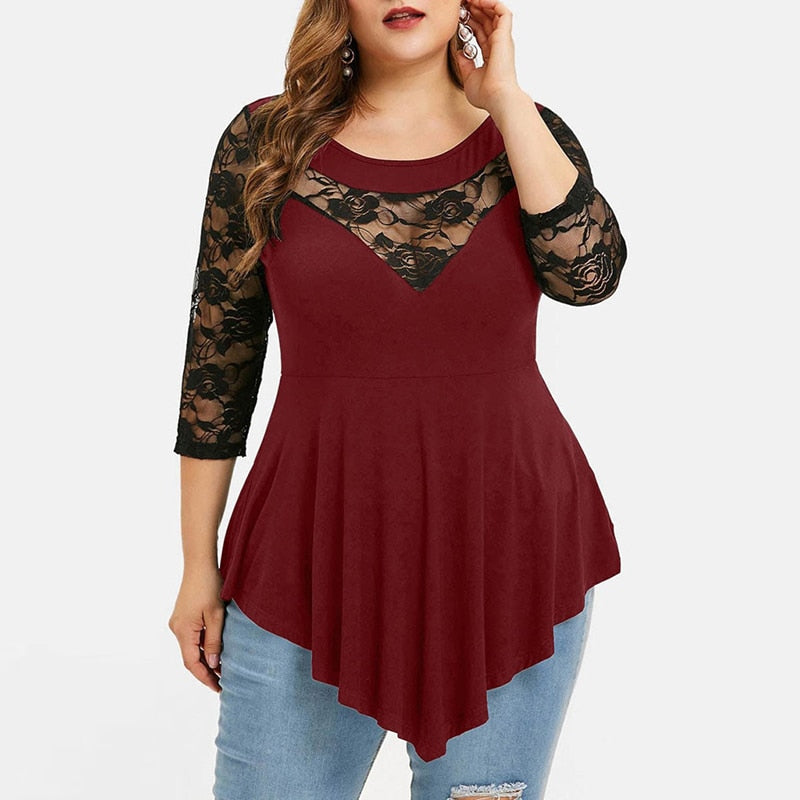 Plus Size 5XL Floral Lace Hollow Out Sexy Tunic Blouse Shirt Women Spring Autumn Big Size Tops Ruffles Irregular Blusas