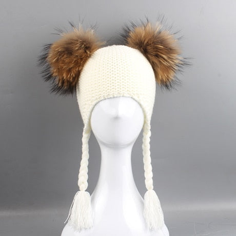 New Autumn Winter Baby Kids Beanie 15 CM Real Fur Pompom Hat For Children Warm Wool Knitted Earflap Cap