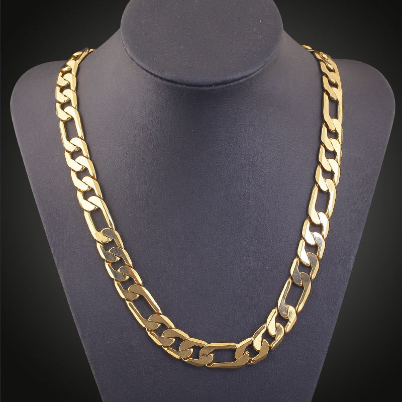 Real Yellow Gold Filled 23.6 Inch Mens Necklace Figaro Solid Chain 12mm Wide