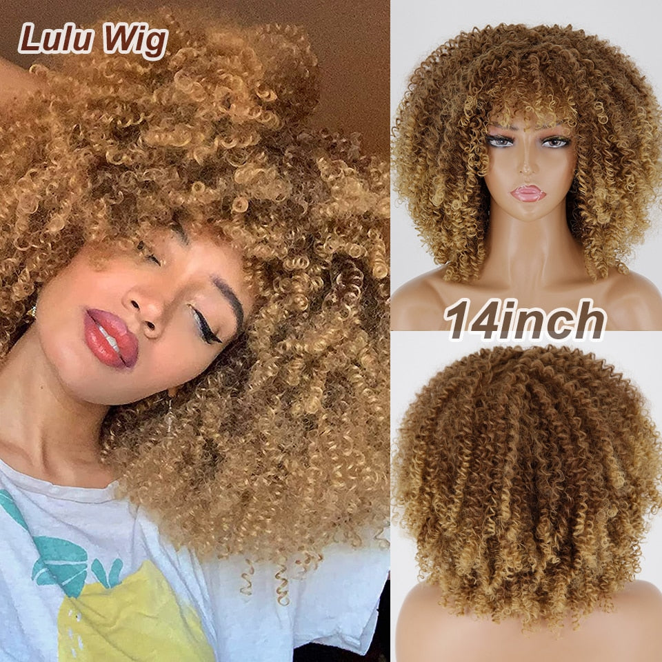 Short Curly Blonde Wig For Black Women Afro Kinky Curly Wig With Bangs Synthetic Natural Glueless Ombre Brown Blonde Cosplay Wig