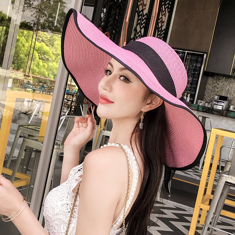 Women Summer Beach Travel Straw Hat Korean Seaside Big Hat Brim Sunblock Sunshade Holiday Foldable Fashion Big Cool Hat