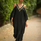 2023 Sexy Cold Shoulder V Neck Bats Sleeve Loose Summer Beach Dress Plus Size Women Beachwear Kaftan Black Dress Q943
