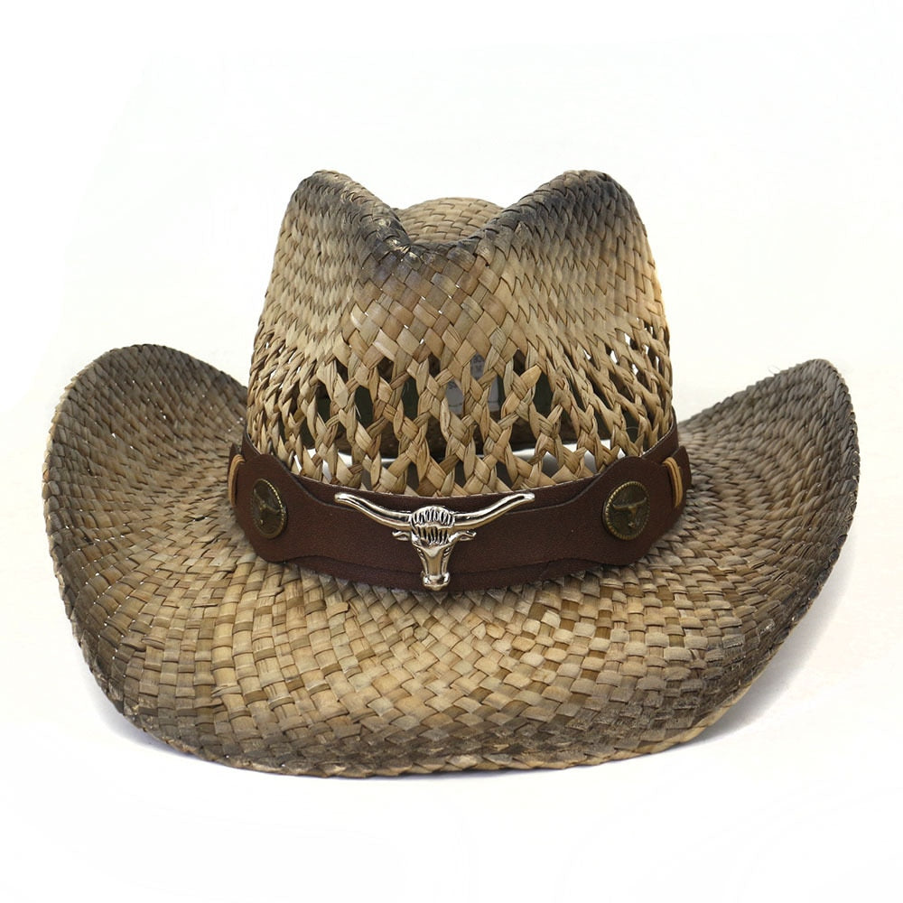 Cowboy hat fashion hollow handmade cowboy straw hat men's summer outdoor travel beach hat unisex solid color western cowboy hat