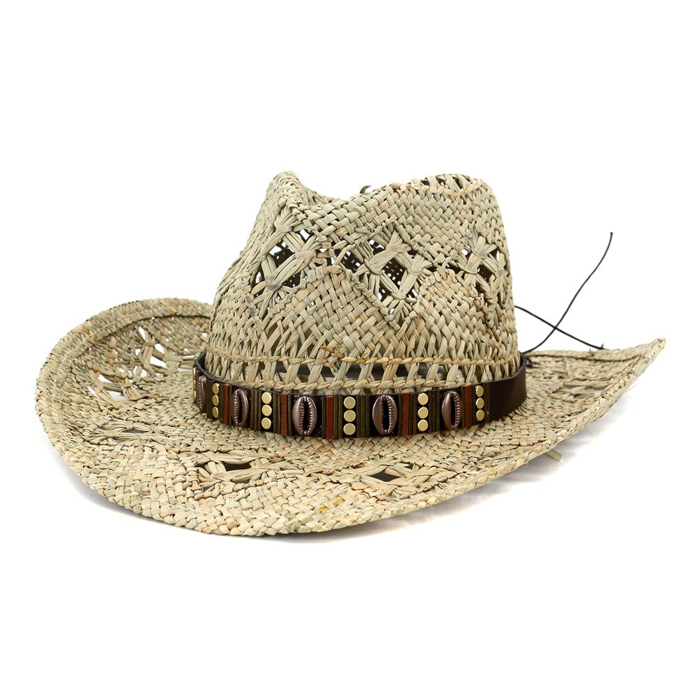 Cowboy hat fashion hollow handmade cowboy straw hat men's summer outdoor travel beach hat unisex solid color western cowboy hat