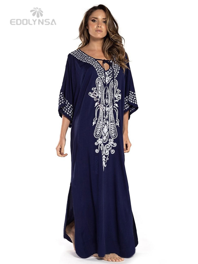 2023 Sexy Cold Shoulder V Neck Bats Sleeve Loose Summer Beach Dress Plus Size Women Beachwear Kaftan Black Dress Q943