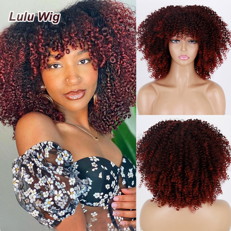 Short Curly Blonde Wig For Black Women Afro Kinky Curly Wig With Bangs Synthetic Natural Glueless Ombre Brown Blonde Cosplay Wig