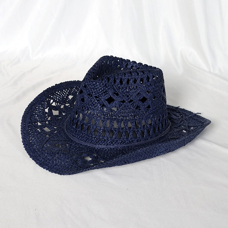 Cowboy hat fashion hollow handmade cowboy straw hat men's summer outdoor travel beach hat unisex solid color western cowboy hat